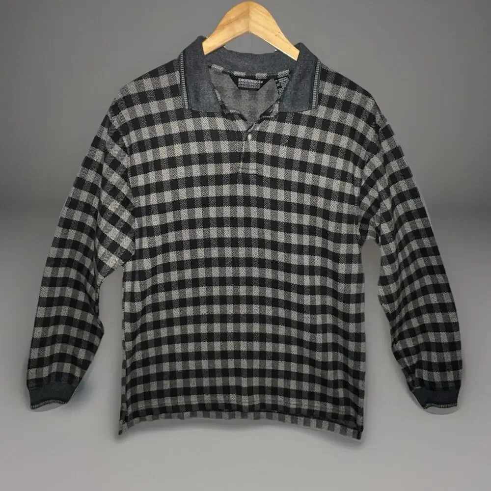 Knightsbridge Black Gray Plaid Knit Longsleeve Polo Shirt Mens M Contrast Trim - Picture 1 of 10